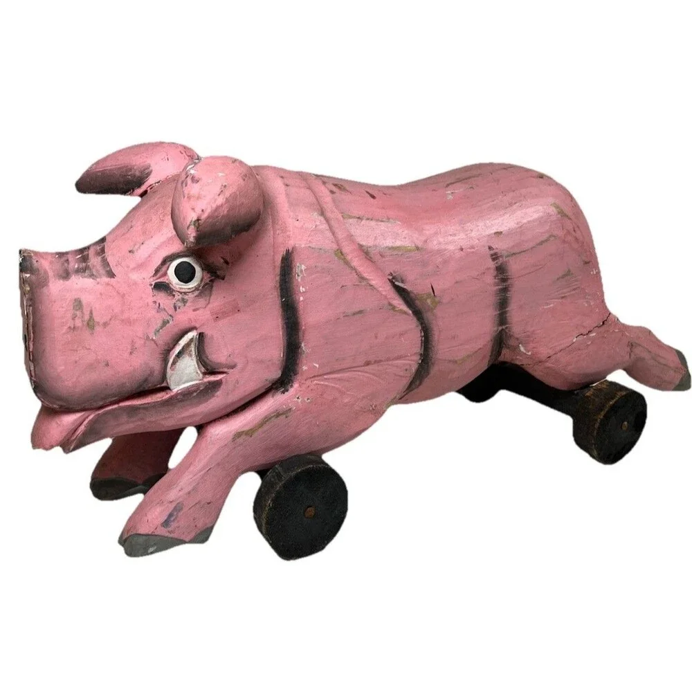 Vintage Handcrafted Carved Wooden Pig on Wheels Art Sculpture Statue Country